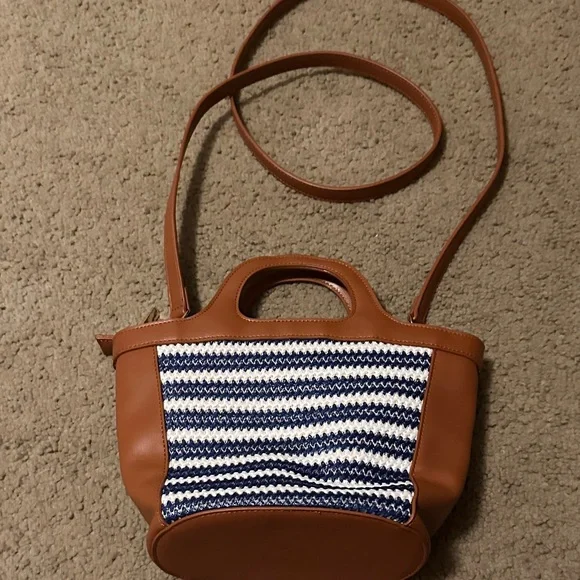 Ann Taylor Tan and Blue Striped Crossbody Bag with Crab Design - Picture 4 of 9